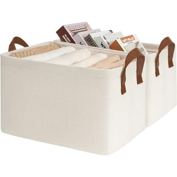 Set of 2 Large Beige Storage Bins with Handles for Closet Shelves Organizer - Picture 1 of 7